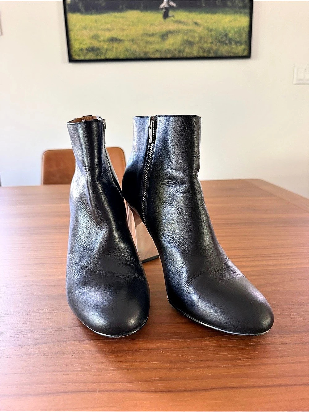 Calvin Klein Savana Mirror Block Heel Leather Ankle Boots Black US 10